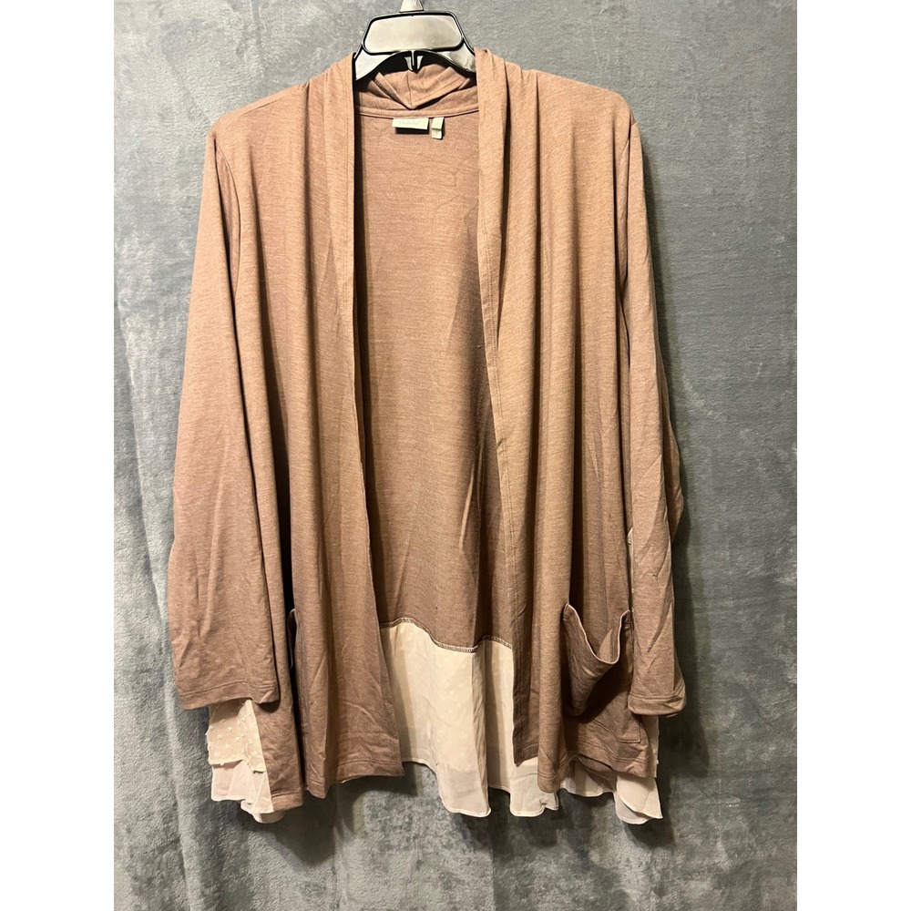 LOGO Lounge Lori Goldstein 3X Taupe Cardigan Layered Chiffon Hem Pockets 64 Bust